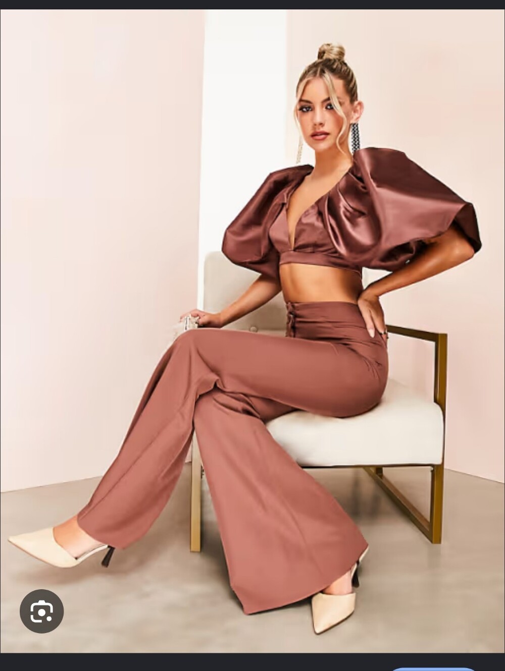 ASOS Satin Top And Wide-Leg Pant Set In Brown